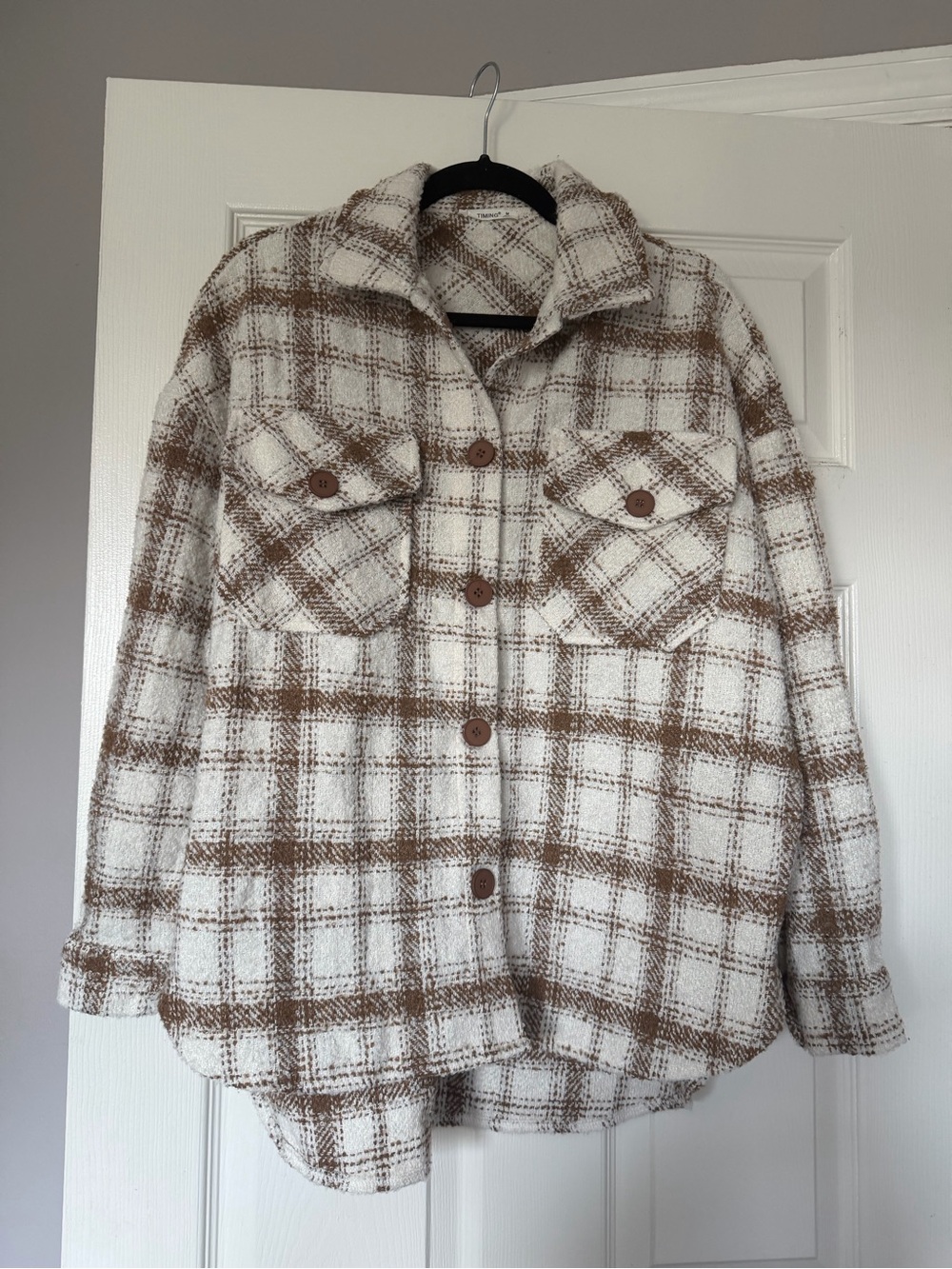 Timing Cream & Brown Plaid Teddy Shacket Jacket